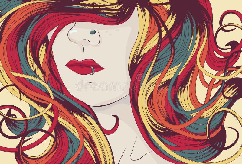 Het gezicht van de vrouw met lang kleurrijk krullend haar