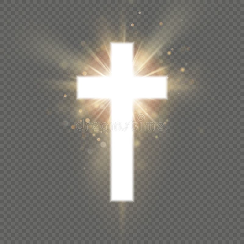 Het glanzen wit dwarseffect op transparante achtergrond Het glanzende kruis van heilige Riligioussymbool Het teken van Pasen en v