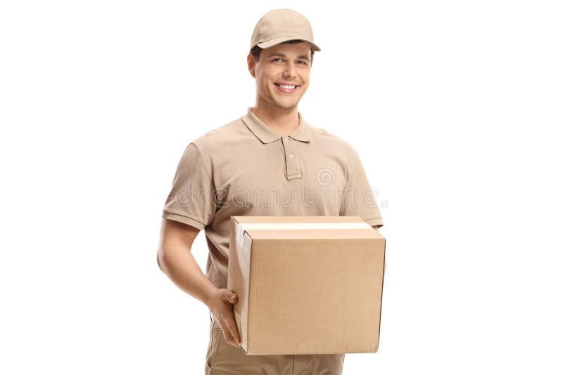 Smiling delivery guy holding a package isolated on white background. Smiling delivery guy holding a package isolated on white background