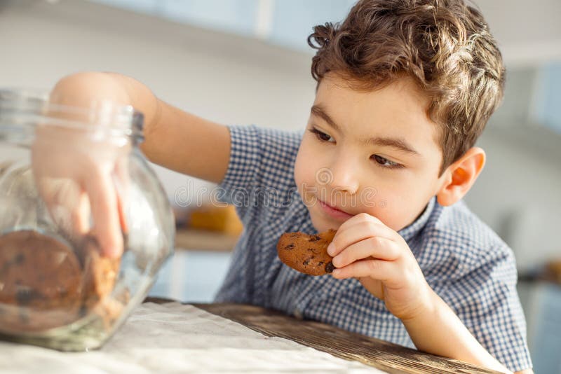 Het glimlachen van weinig jongen die sommige koekjes eten stock afbeeldingen Het glimlachen van weinig jongen die sommige koekjes eten stock afbeeldingen