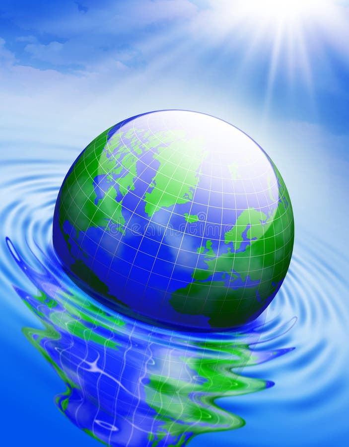 Globe in the water . Conceptual 3D illustration . Globe in the water . Conceptual 3D illustration .