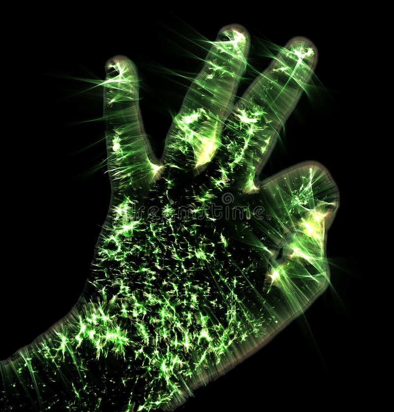 Het gloeien kirlian aurafotografie met groene corona van een mannelijke menselijke hand stock illustratie Het gloeien kirlian aurafotografie met groene corona van een mannelijke menselijke hand stock illustratie
