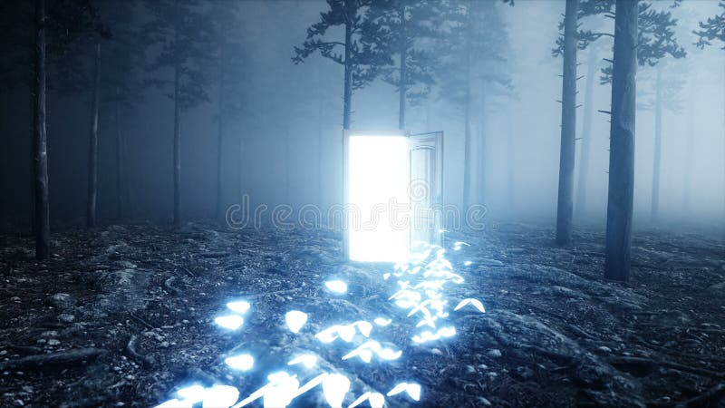 Het gloeien vlinders in de bos Lichte poortdeur van de mistnacht Mistic en magisch concept Realistische 4K animatie