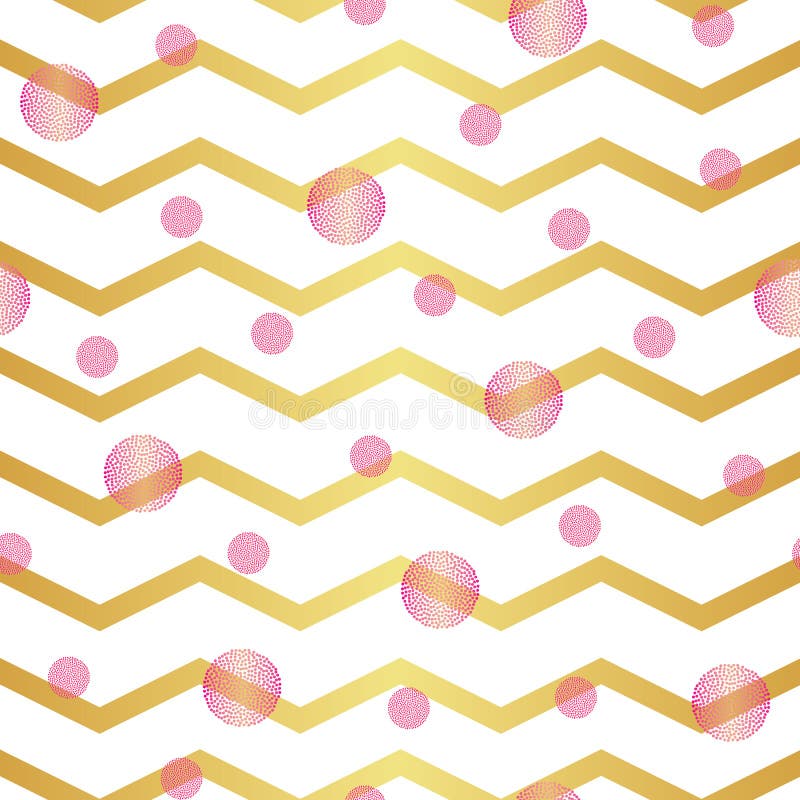 Het Gouden en witte naadloze patroon van de chevronzigzag met roze cirkels vector illustratie Het Gouden en witte naadloze patroon van de chevronzigzag met roze cirkels vector illustratie