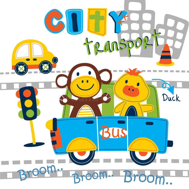 Het grappige dierlijke beeldverhaal van de stadsbus, vectorillustratie stock illustratie Het grappige dierlijke beeldverhaal van de stadsbus, vectorillustratie stock illustratie
