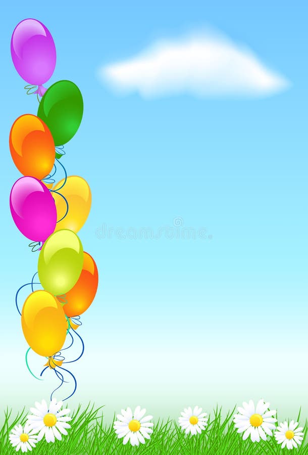 Het gras, de hemel, de wolken en de ballons van de weide stock illustratie Het gras, de hemel, de wolken en de ballons van de weide stock illustratie