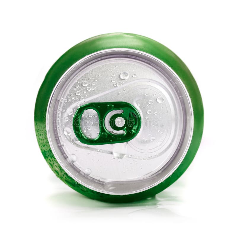 Green aluminum can closeup with water drops on a white. Green aluminum can closeup with water drops on a white