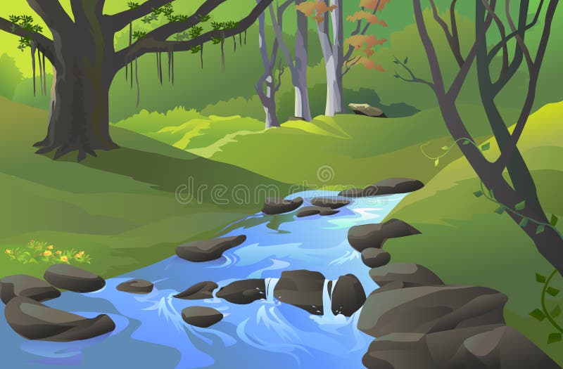Het groene bos van Amazonië met een stroom stock illustratie Het groene bos van Amazonië met een stroom stock illustratie