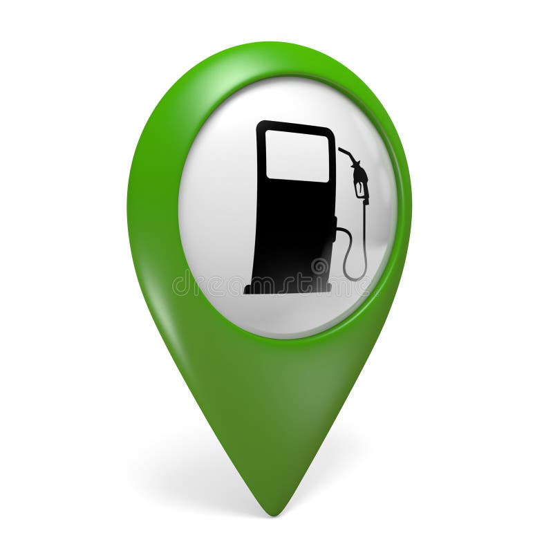 Green map pointer icon with a fuel pump symbol for gas stations, rendered in 3D on a white background. Green map pointer icon with a fuel pump symbol for gas stations, rendered in 3D on a white background.