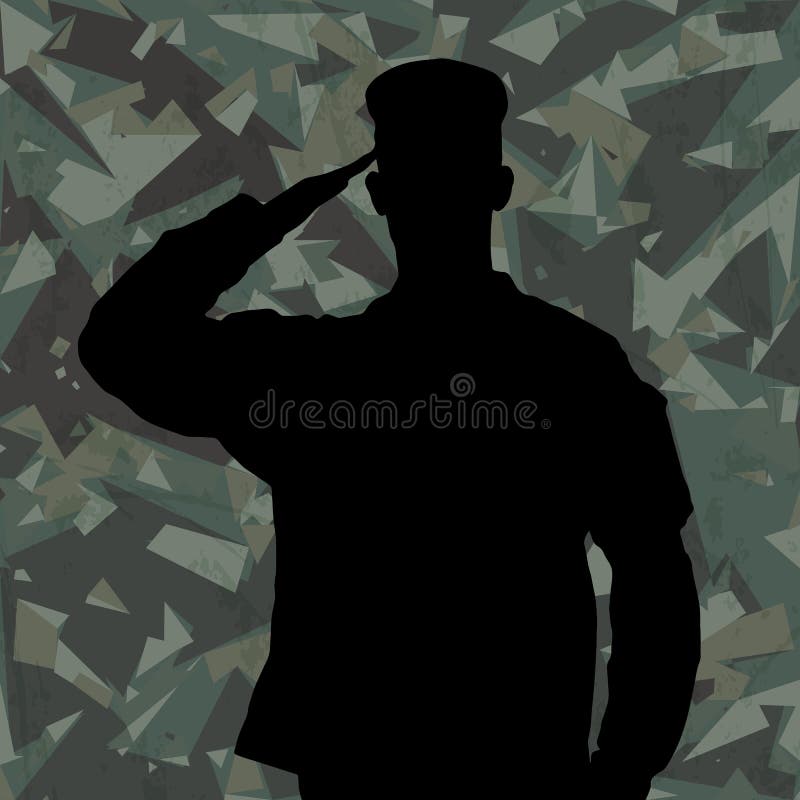 Het groeten het silhouet van de militair op de groene achtergrond van de legercamouflage vector illustratie Het groeten het silhouet van de militair op de groene achtergrond van de legercamouflage vector illustratie