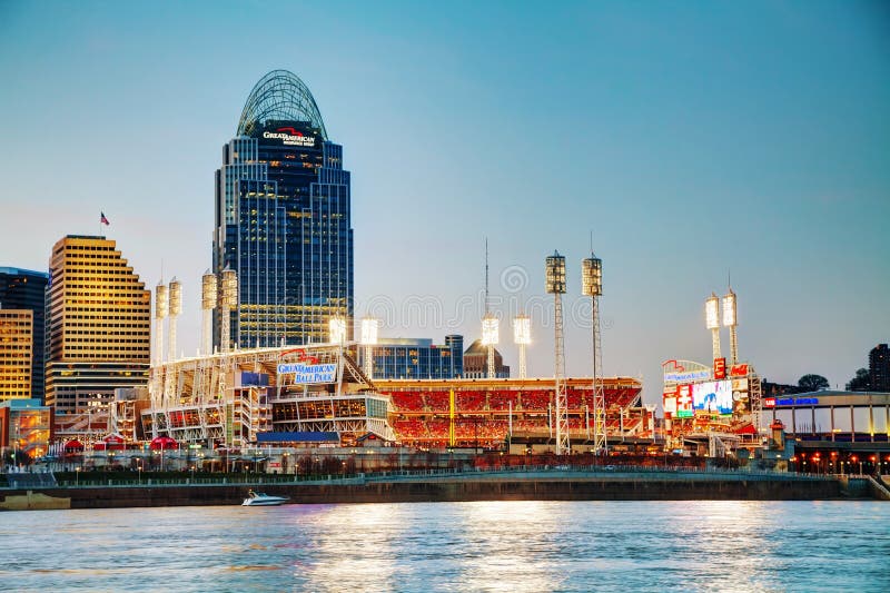 CINCINNATI - APRIL 12: Great American Ball Park stadium on April 12, 2014 in Cincinnati, Ohio. It is a baseball stadium located and the home field of the Cincinnati Reds of Major League Baseball opened in 2003. CINCINNATI - APRIL 12: Great American Ball Park stadium on April 12, 2014 in Cincinnati, Ohio. It is a baseball stadium located and the home field of the Cincinnati Reds of Major League Baseball opened in 2003.