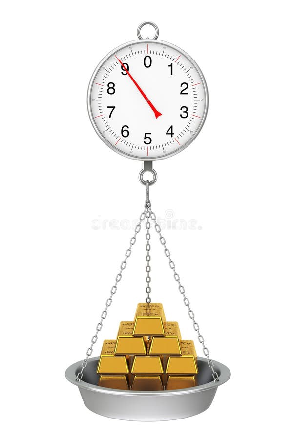 Het hangen Gewichtsschaal met Stapel Gouden Bars het 3d teruggeven stock illustratie Het hangen Gewichtsschaal met Stapel Gouden Bars het 3d teruggeven stock illustratie