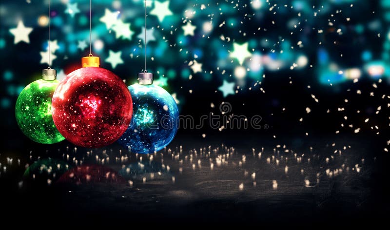 Hanging Baubles Christmas Blue Star Night Bokeh Beautiful 3D Digital Art. Hanging Baubles Christmas Blue Star Night Bokeh Beautiful 3D Digital Art