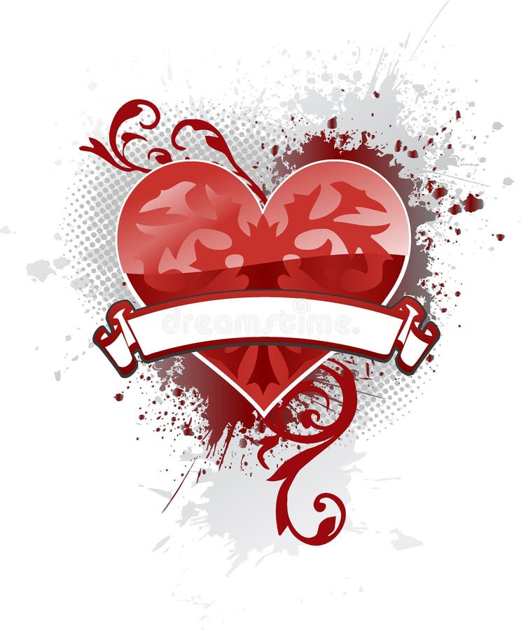 Single ornate heart with a banner to add your text and light gray ink splat background. Single ornate heart with a banner to add your text and light gray ink splat background