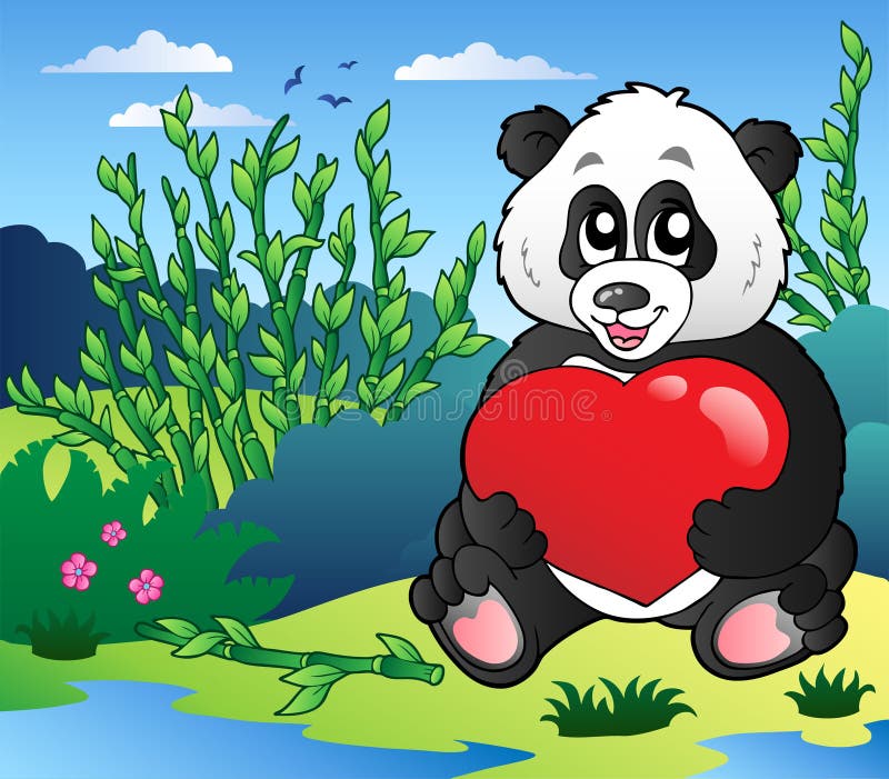 Het hart van de de pandaholding van het beeldverhaal openlucht stock illustratie Het hart van de de pandaholding van het beeldverhaal openlucht stock illustratie