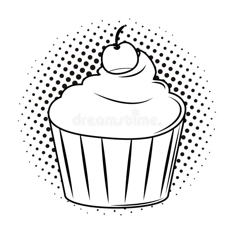 Het heerlijke zwart-witte pop-art van het cupcakedessert stock illustratie Het heerlijke zwart-witte pop-art van het cupcakedessert stock illustratie