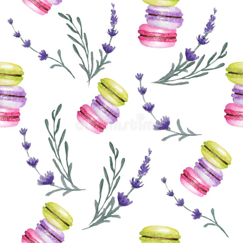 Het heldere van de de cakewaterverf van kleurenmacarons naadloze patroon op witte achtergrond met lavendel bloeit Het kleurrijke royalty-vrije stock afbeeldingen Het heldere van de de cakewaterverf van kleurenmacarons naadloze patroon op witte achtergrond met lavendel bloeit Het kleurrijke royalty-vrije stock afbeeldingen