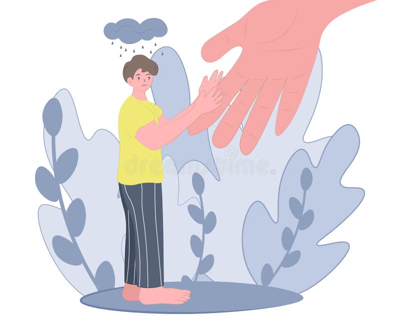 The human hand helps a man overcome depression. The concept of helping people in a depressed state, preventing suicide, supporting adolescents. Vector illustration. The human hand helps a man overcome depression. The concept of helping people in a depressed state, preventing suicide, supporting adolescents. Vector illustration