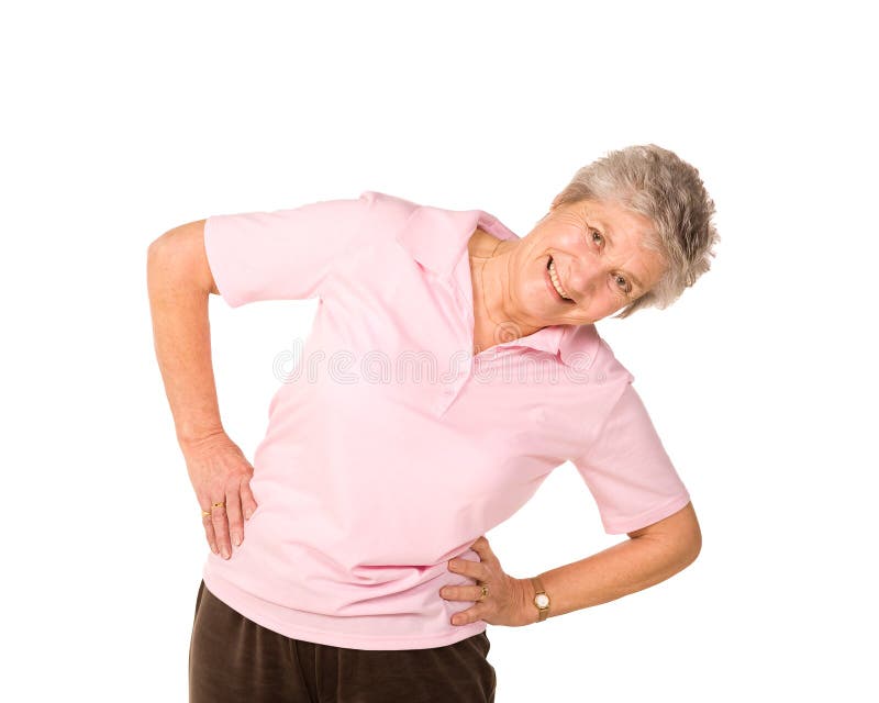 Mature senior lady performing stretching exercises before gym workout. Mature senior lady performing stretching exercises before gym workout