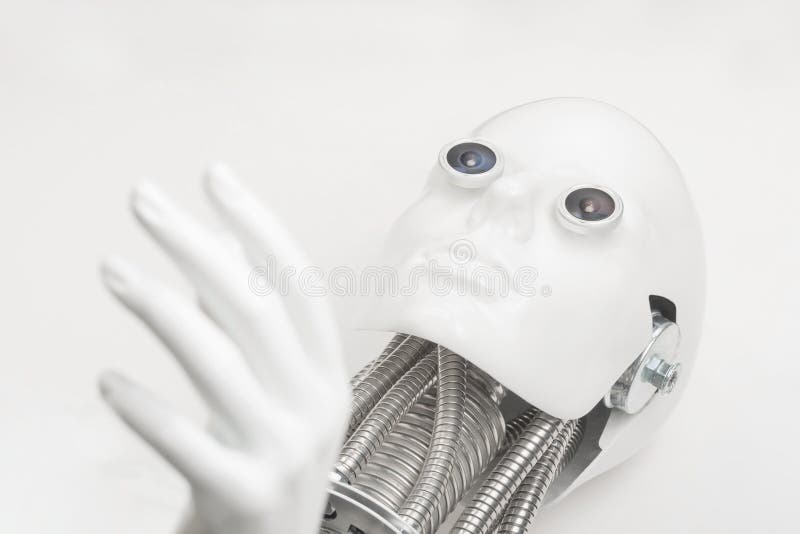Het hoofd van de Humanoidrobot met handclose-up stock afbeeldingen Het hoofd van de Humanoidrobot met handclose-up stock afbeeldingen