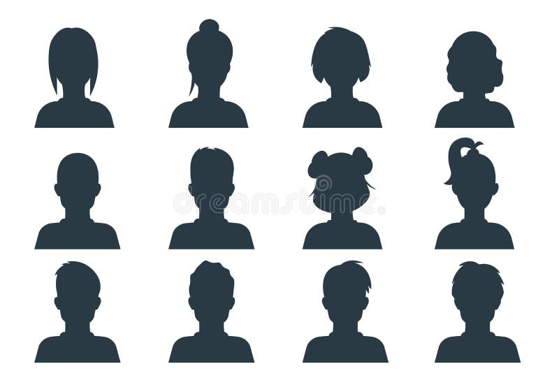 Het hoofd van de silhouetpersoon Avatars van het mensenprofiel, menselijke mannelijke en vrouwelijke anonieme gezichten Vectorgeb