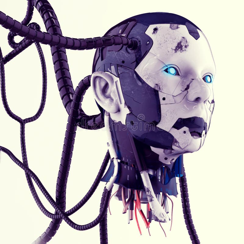 Het hoofd van een cyborg met draden op een grijze achtergrond royalty-vrije illustratie Het hoofd van een cyborg met draden op een grijze achtergrond royalty-vrije illustratie
