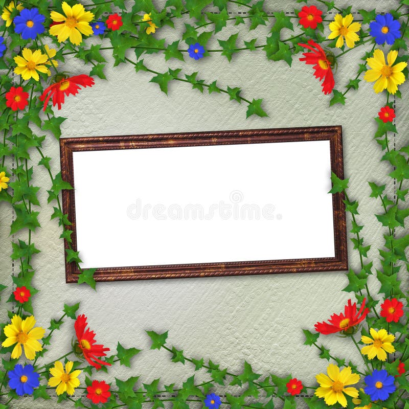 Het houten frame van Grunge met bos van bloemen stock illustratie Het houten frame van Grunge met bos van bloemen stock illustratie