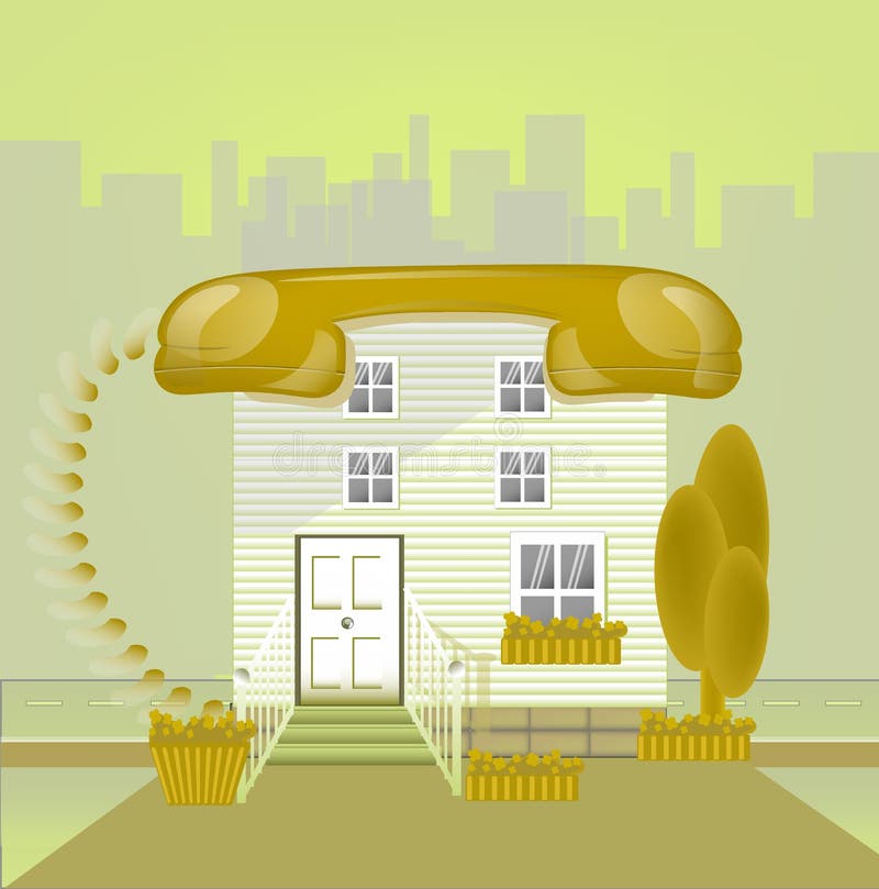 Het huis met dak telephonin een grote stad in geel, verbindt concept royalty-vrije illustratie Het huis met dak telephonin een grote stad in geel, verbindt concept royalty-vrije illustratie