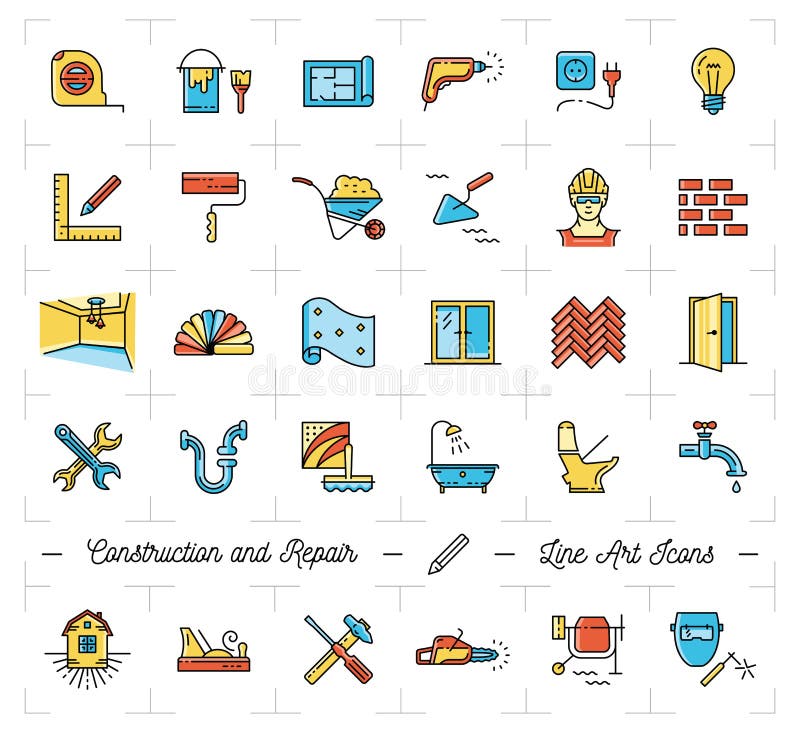 Het huis van de pictogrammenreparatie, flat De symbolen van reparatiehulpmiddelen De kunstpictogrammen van de bouw dunne lijn royalty-vrije illustratie Het huis van de pictogrammenreparatie, flat De symbolen van reparatiehulpmiddelen De kunstpictogrammen van de bouw dunne lijn royalty-vrije illustratie