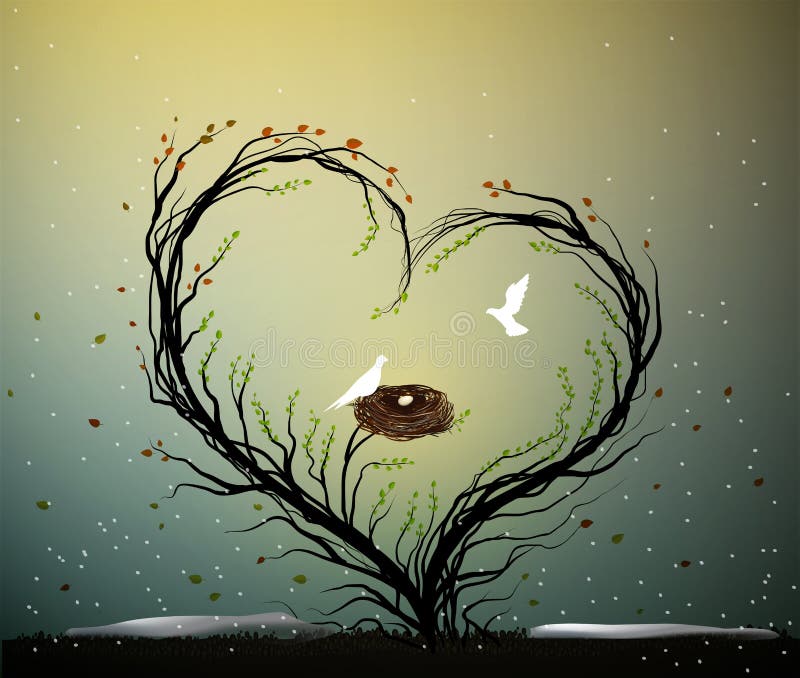 Het idee van het familiehuis, magische boom van de lenteliefde, boom met hart met binnen nest en twee witte vogels, zoet huis, sa royalty-vrije illustratie Het idee van het familiehuis, magische boom van de lenteliefde, boom met hart met binnen nest en twee witte vogels, zoet huis, sa royalty-vrije illustratie