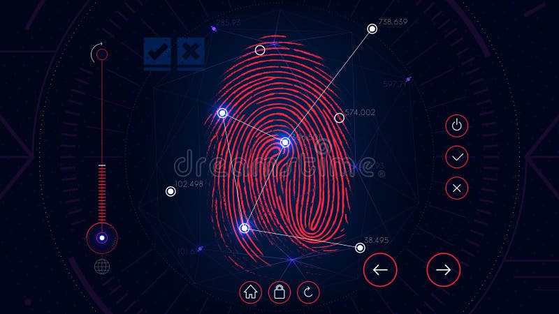 Het identificatiesysteem van het vingerafdrukaftasten, futuristische sc.i-FI rode interface, biometrische vergunningstechnologie stock illustratie Het identificatiesysteem van het vingerafdrukaftasten, futuristische sc.i-FI rode interface, biometrische vergunningstechnologie stock illustratie