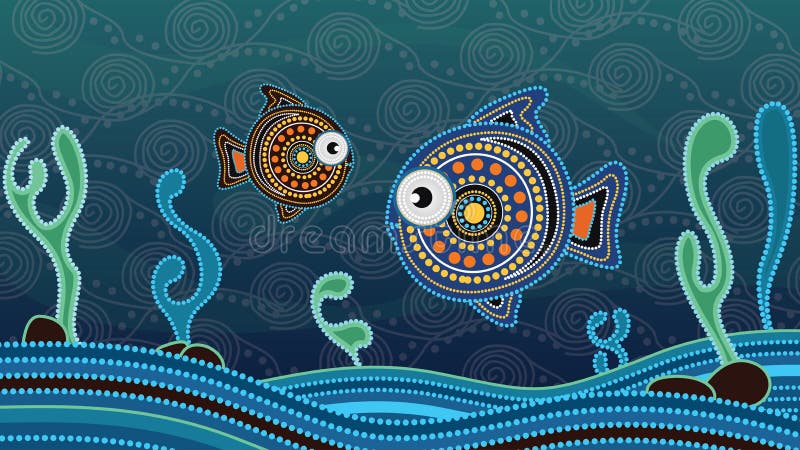 Het inheemse puntkunst schilderen met vissen Onderwaterconcept, Landschaps achtergrondbehangvector royalty-vrije illustratie Het inheemse puntkunst schilderen met vissen Onderwaterconcept, Landschaps achtergrondbehangvector royalty-vrije illustratie