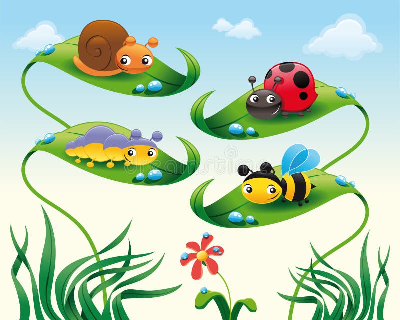 Insect on the leafs - funny cartoon and vector characters. Insect on the leafs - funny cartoon and vector characters