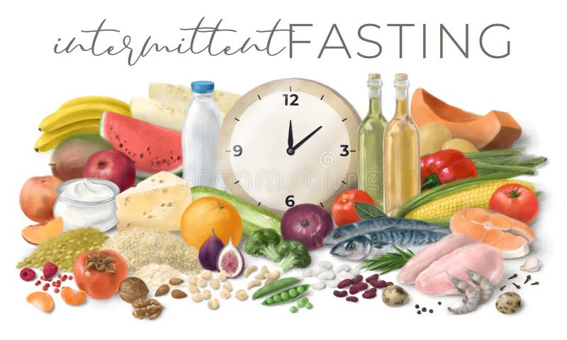 Nutrition concept for Intermittent fasting. Assortment of healthy food ingredients for cooking. Hand drawn illustration. Nutrition concept for Intermittent fasting. Assortment of healthy food ingredients for cooking. Hand drawn illustration.