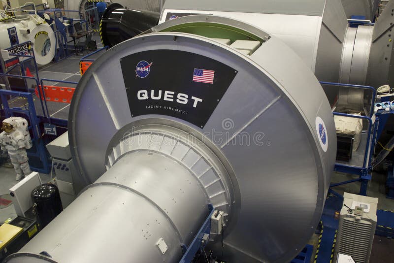 Het internationale Model van de Ruimtestationzoektocht bij NASA Johnson Space C stock foto's Het internationale Model van de Ruimtestationzoektocht bij NASA Johnson Space C stock foto's