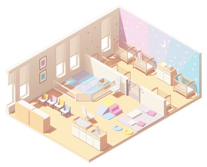 Vector isometric Kindergarten Preschool infant and toddler daycare classroom cross-section. Sleeping area with cribs, block play, carpet, baby changing station, other furniture. Vector isometric Kindergarten Preschool infant and toddler daycare classroom cross-section. Sleeping area with cribs, block play, carpet, baby changing station, other furniture