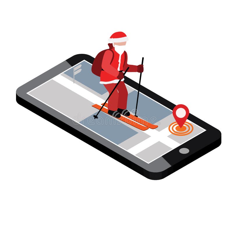 Het isometrische Santa Claus-ski?en Kerstman van de de navigatiehulp van Santa City de mobiele om giften te leveren Kerstmis en h vector illustratie Het isometrische Santa Claus-ski?en Kerstman van de de navigatiehulp van Santa City de mobiele om giften te leveren Kerstmis en h vector illustratie