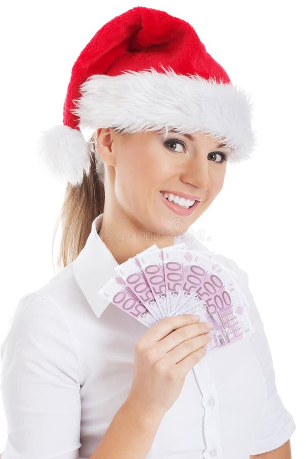 Het jonge geld van de bedrijfsvrouwenholding in santahoed. royalty-vrije stock afbeelding Het jonge geld van de bedrijfsvrouwenholding in santahoed. royalty-vrije stock afbeelding