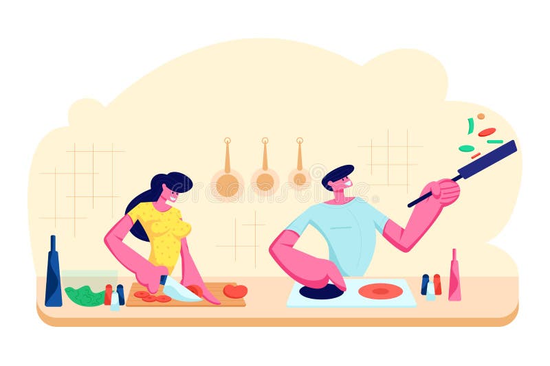 Het jonge het Houden van Paar Koken samen op Keuken De familie bereidt Diner met Verse Producten op Lijst voor Elke Dagroutine, L royalty-vrije illustratie Het jonge het Houden van Paar Koken samen op Keuken De familie bereidt Diner met Verse Producten op Lijst voor Elke Dagroutine, L royalty-vrije illustratie