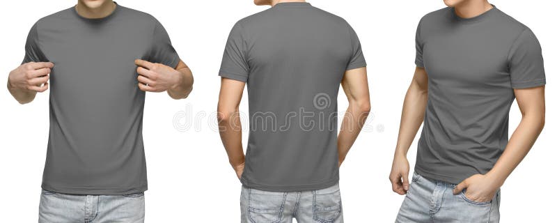 Het jonge mannetje in lege grijze t-shirt, voor en achtermening, isoleerde witte achtergrond De t-shirtmalplaatje en model van on royalty-vrije stock afbeelding Het jonge mannetje in lege grijze t-shirt, voor en achtermening, isoleerde witte achtergrond De t-shirtmalplaatje en model van on royalty-vrije stock afbeelding