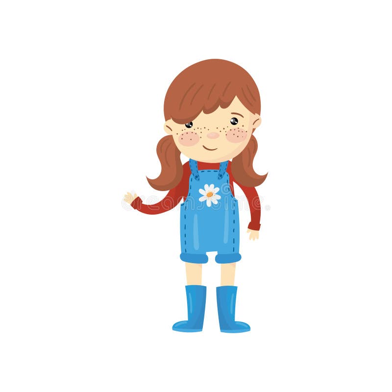 Het jonge tuinmanmeisje kleedde zich in blauwe algemene borrels, laarzen en rode sweater Beeldverhaal weinig landbouwer met bruin vector illustratie Het jonge tuinmanmeisje kleedde zich in blauwe algemene borrels, laarzen en rode sweater Beeldverhaal weinig landbouwer met bruin vector illustratie