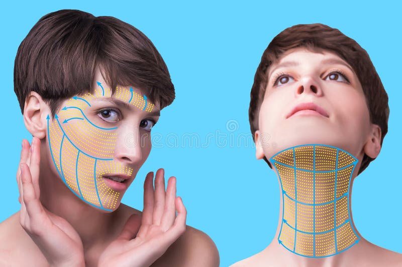 Het jonge vrouwelijke gezicht Antiaging en draad het opheffen concept stock foto Het jonge vrouwelijke gezicht Antiaging en draad het opheffen concept stock foto
