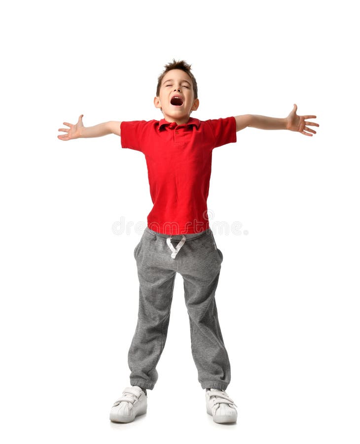 Het jongensjonge geitje in rode uitgespreide t-shirt en grijze broek overhandigt omhoog het gelukkige het glimlachen het gillen l