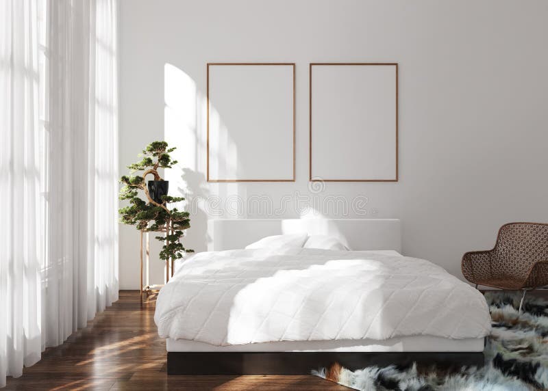 Het kader van de prototypeaffiche in moderne slaapkamer, Skandinavische stijl