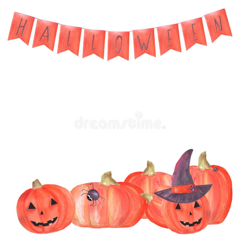 Het kader van waterverfhalloween met pompoenen, een banner van vlaggen met de brieven, de hoed van een heks en spinnen Geschikt v vector illustratie Het kader van waterverfhalloween met pompoenen, een banner van vlaggen met de brieven, de hoed van een heks en spinnen Geschikt v vector illustratie