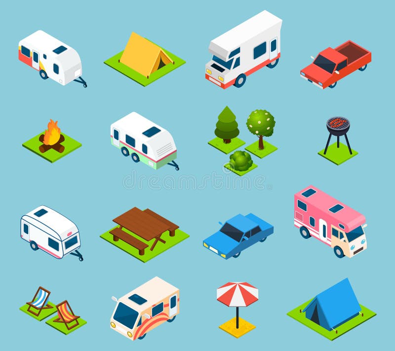 Het kamperen en Reis Isometrische Geplaatste Pictogrammen vector illustratie Het kamperen en Reis Isometrische Geplaatste Pictogrammen vector illustratie