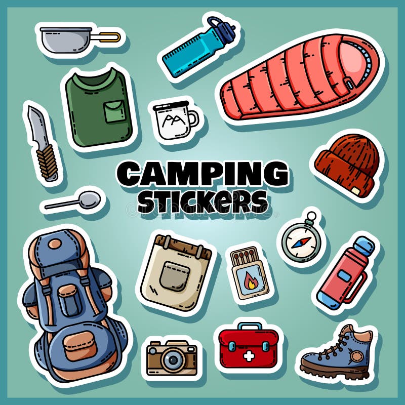 Het kamperen stickers geplaatst affiche Inzameling van vlakke stijletiketten stock illustratie Het kamperen stickers geplaatst affiche Inzameling van vlakke stijletiketten stock illustratie