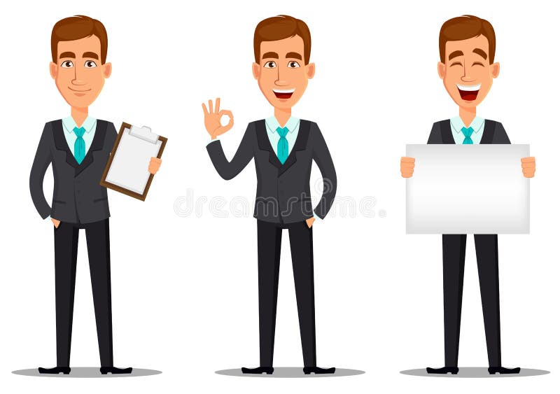 Het karakter van het bedrijfsmensenbeeldverhaal Jonge knappe glimlachende zakenman in pak vector illustratie Het karakter van het bedrijfsmensenbeeldverhaal Jonge knappe glimlachende zakenman in pak vector illustratie