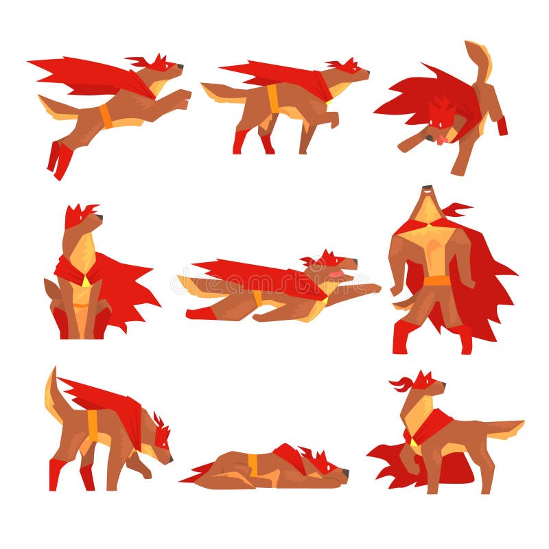 Het karakter van hondsuperhero - plaats, stelt de hond in verschillend met rode kaap vectorillustraties vector illustratie Het karakter van hondsuperhero - plaats, stelt de hond in verschillend met rode kaap vectorillustraties vector illustratie
