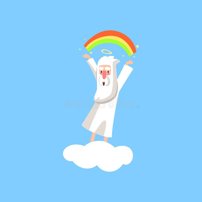 Het karakter van het schepperbeeldverhaal in actie betreffende witte wolk Glimlachende god die een regenboog creëren Godsdienstig royalty-vrije illustratie Het karakter van het schepperbeeldverhaal in actie betreffende witte wolk Glimlachende god die een regenboog creëren Godsdienstig royalty-vrije illustratie